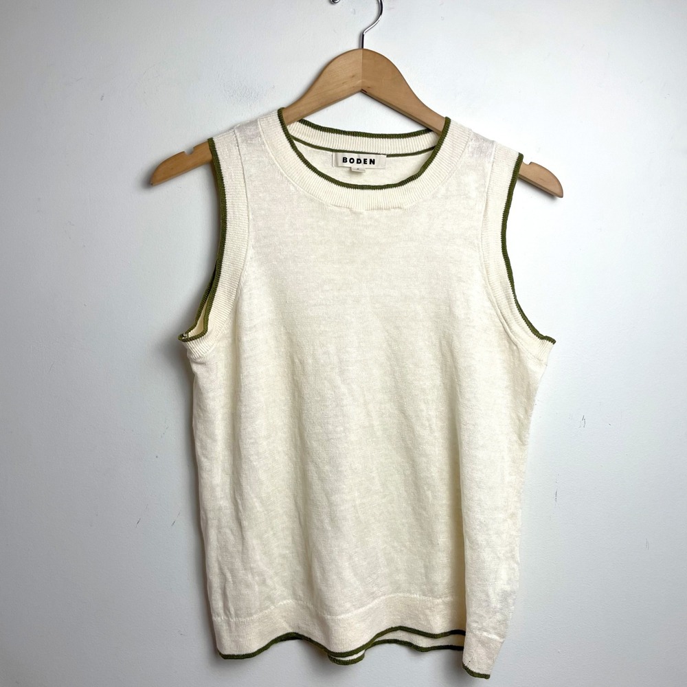 Boden Linen Knit Tank Top Blouse Ivory Green Trim Medium Quiet Luxury Minimalist